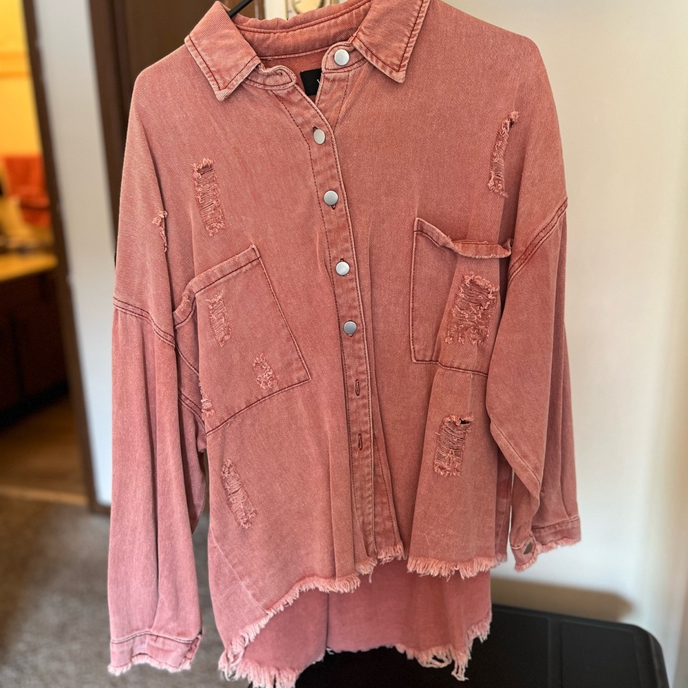 Pink Red Ripped Button Jacket